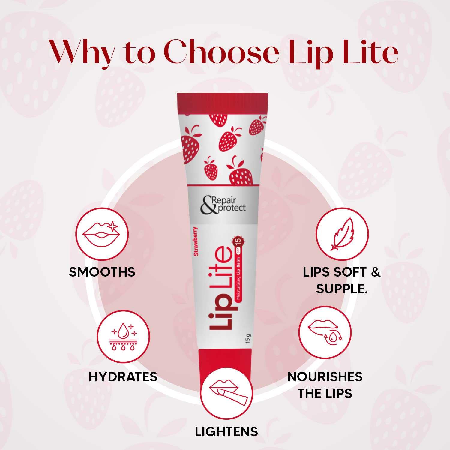 Lip Lite Strawberry Moisturising Lip Balm 15g (Pack of 8)